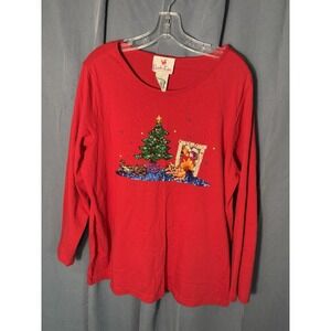Quacker Factory Red Ugly Christmas Top 1X Sequin tree & fireplace holiday Y2K